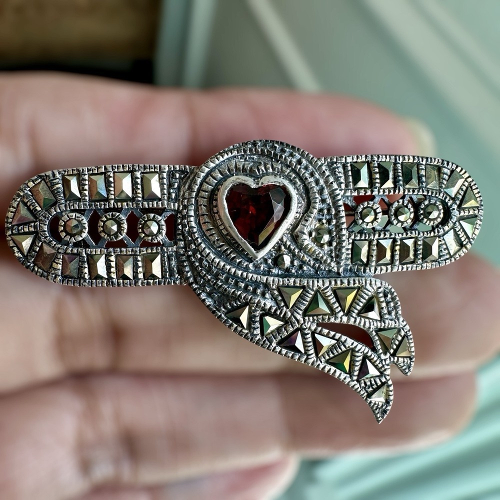 VTG Art Deco Pin Brooch 2 Inch Red Garnet Heart Gem‎ Marcasite 925 Sterling 7.2g
